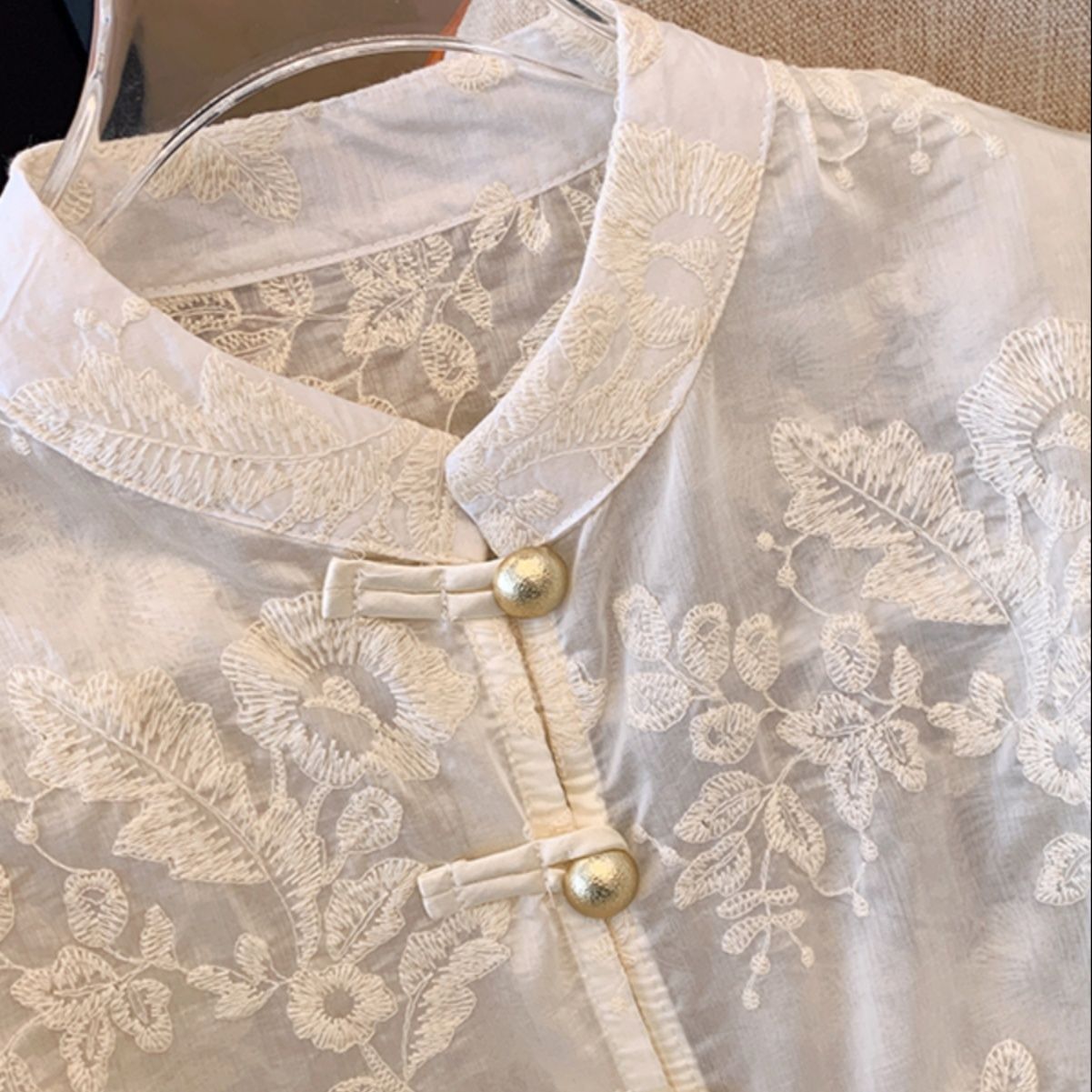 白ブラウス 花刺繍チャイナ風レースブラウス