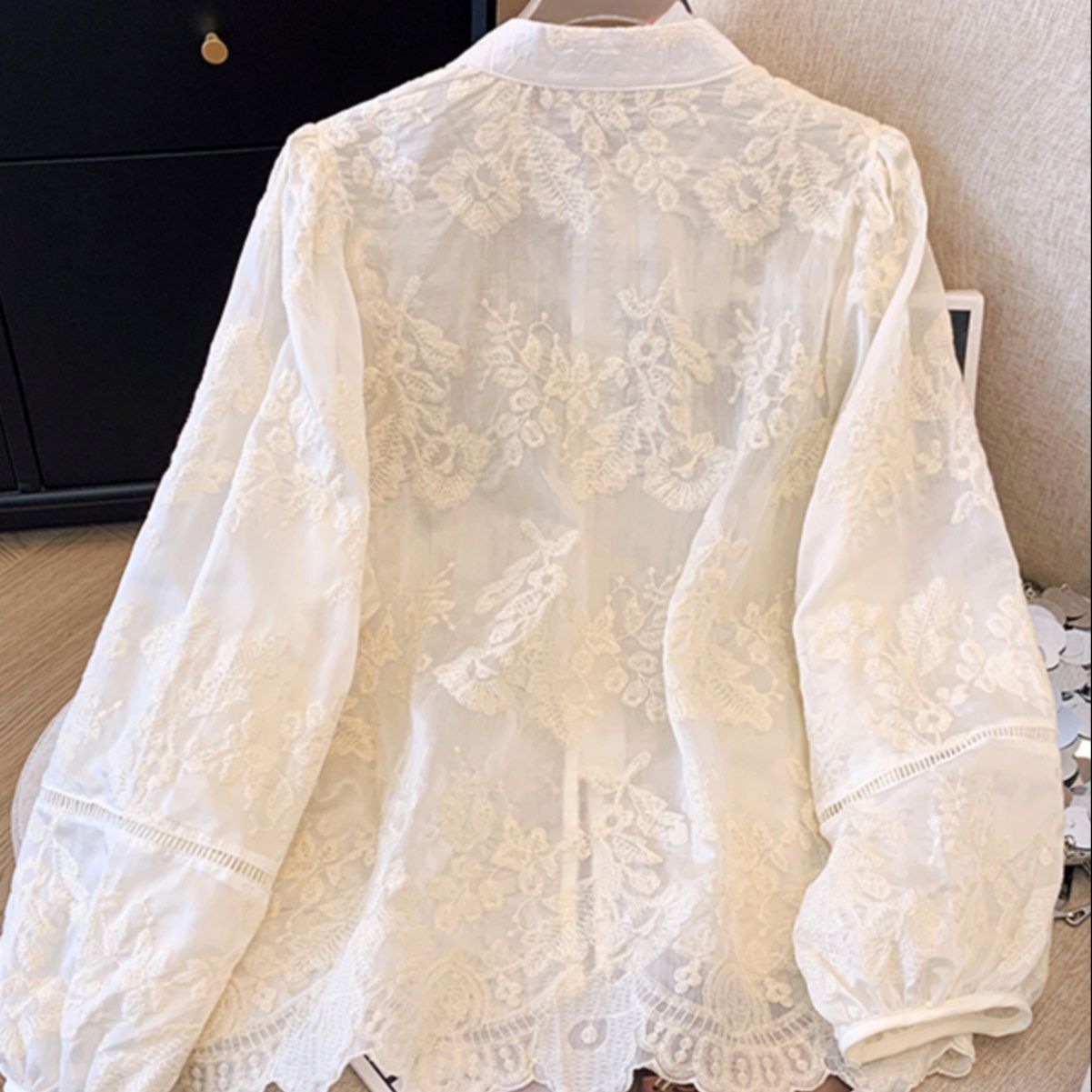 白ブラウス 花刺繍チャイナ風レースブラウス