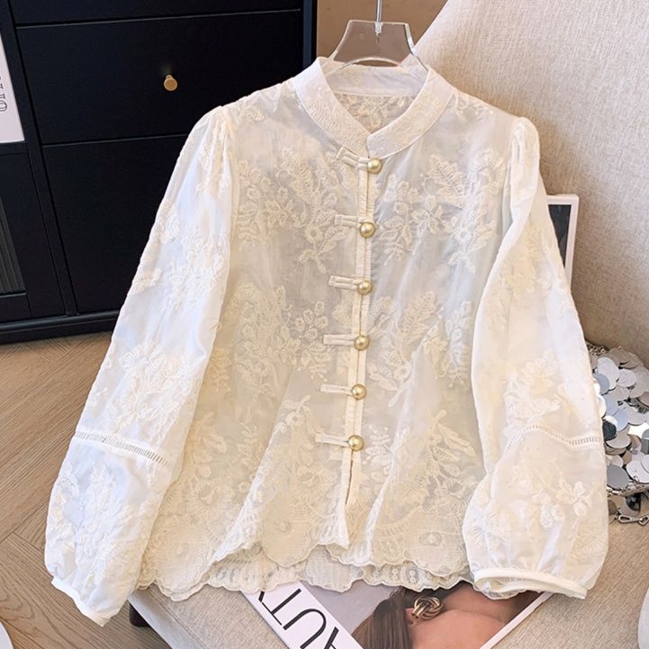 白ブラウス 花刺繍チャイナ風レースブラウス