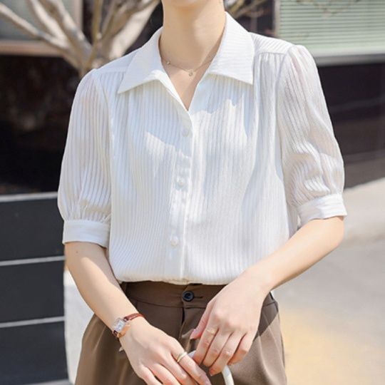 白ブラウス ストライプ柄五分袖優美ブラウス