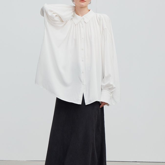 白ブラウス ふんわりギャザー シフォンブラウス