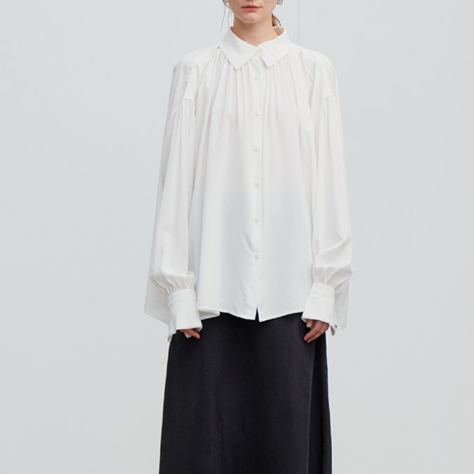 白ブラウス ふんわりギャザー シフォンブラウス