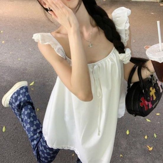 白ブラウス 肩フリル スクエアネック キャミソール