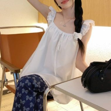 白ブラウス 肩フリル スクエアネック キャミソール