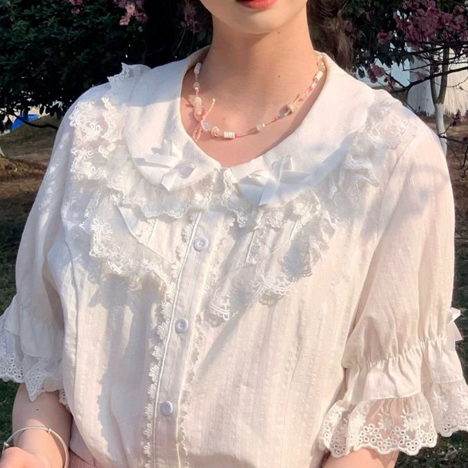 白ブラウス 優美レース装飾フリルブラウス
