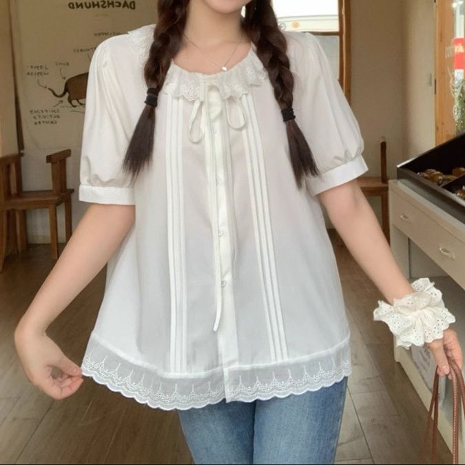 白ブラウス 花レース襟の優美ブラウス