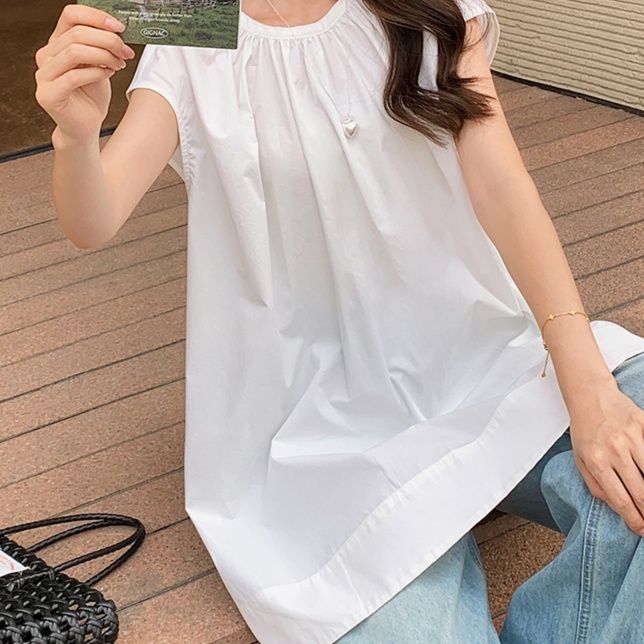 白ブラウス 優雅ギャザーネックシフォンブラウス