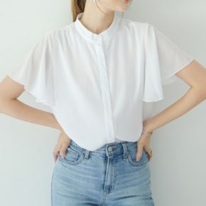 白ブラウス フリル袖シフォンスタンドカラーブラウス
