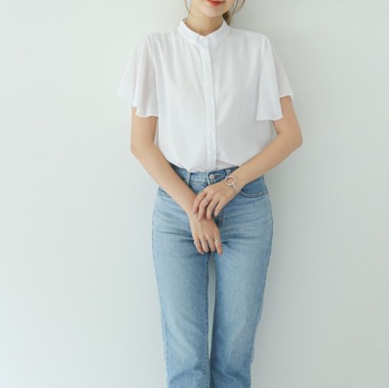 白ブラウス フリル袖シフォンスタンドカラーブラウス