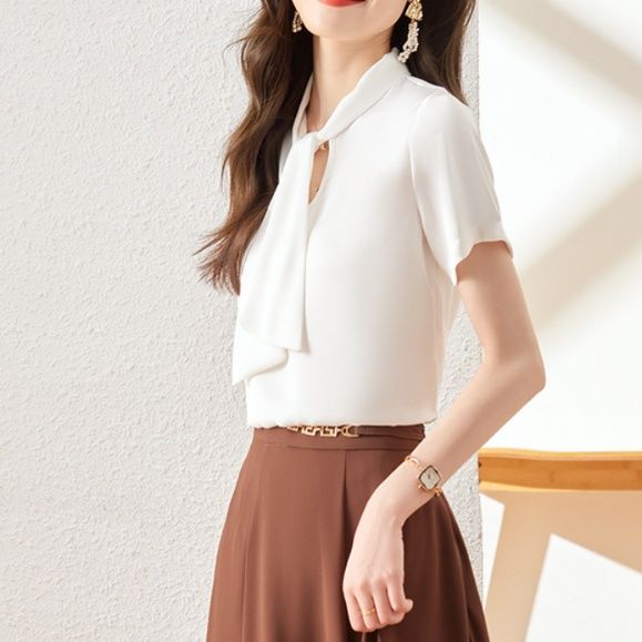 白ブラウス 優美なリボン結び半袖ブラウス