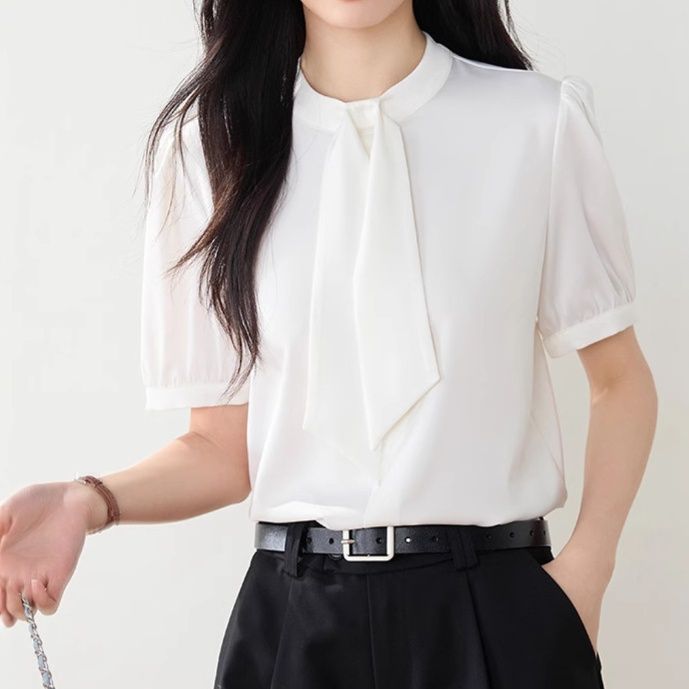 白ブラウス 優美リボンタイ半袖ブラウス