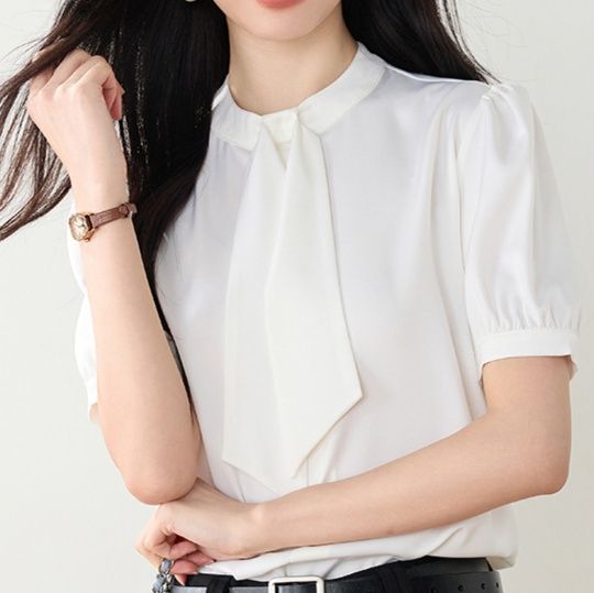 白ブラウス 優美リボンタイ半袖ブラウス