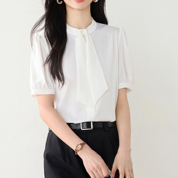 白ブラウス 優美リボンタイ半袖ブラウス