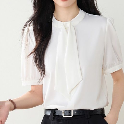 白ブラウス 優美リボンタイ半袖ブラウス