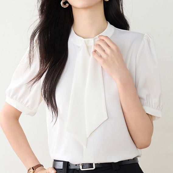 白ブラウス 優美リボンタイ半袖ブラウス