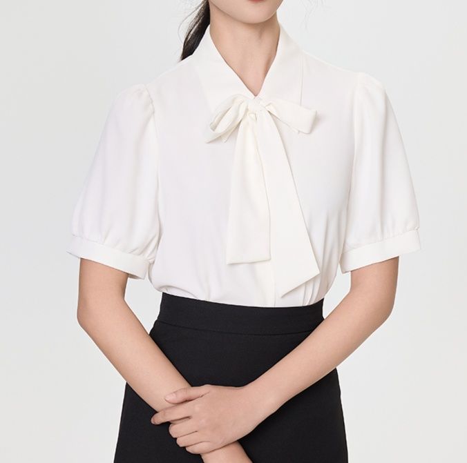 白ブラウス 優美なリボン結び半袖ブラウス