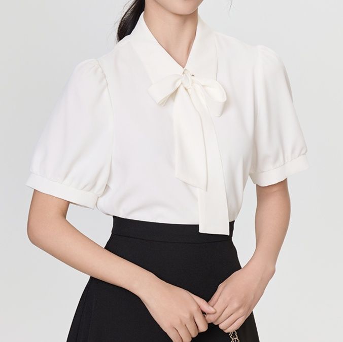 白ブラウス 優美なリボン結び半袖ブラウス