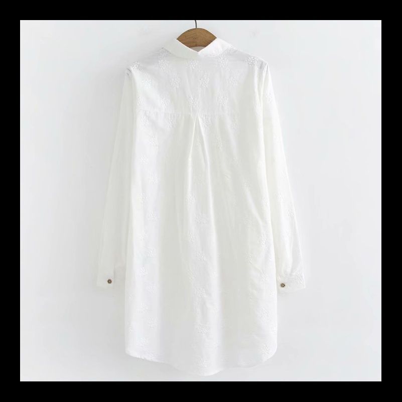 白ブラウス 花刺繍ロングシャツチュニック