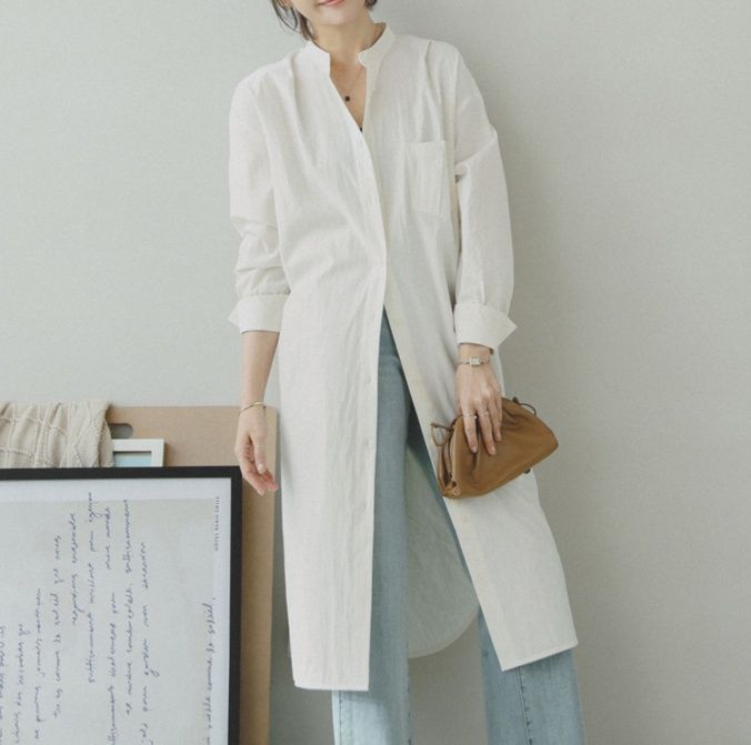 白ブラウス 麻混リネン風ロングチュニック