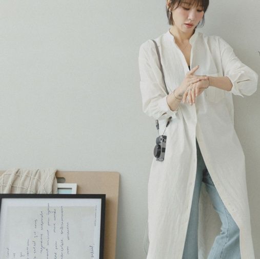 白ブラウス 麻混リネン風ロングチュニック
