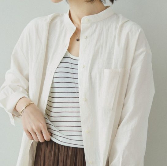 白ブラウス 麻混リネン風ロングチュニック