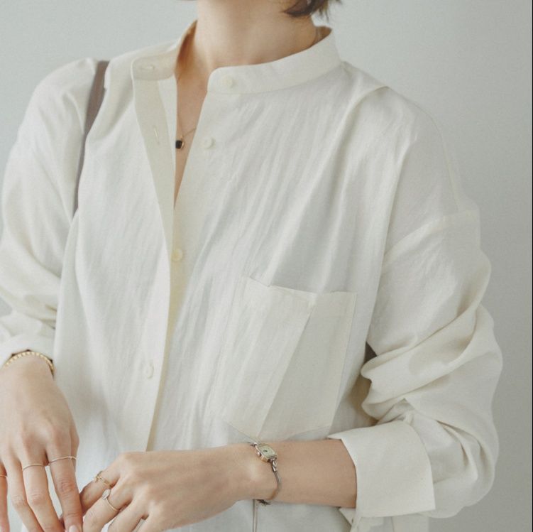 白ブラウス 麻混リネン風ロングチュニック