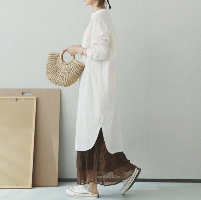 白ブラウス 麻混リネン風ロングチュニック