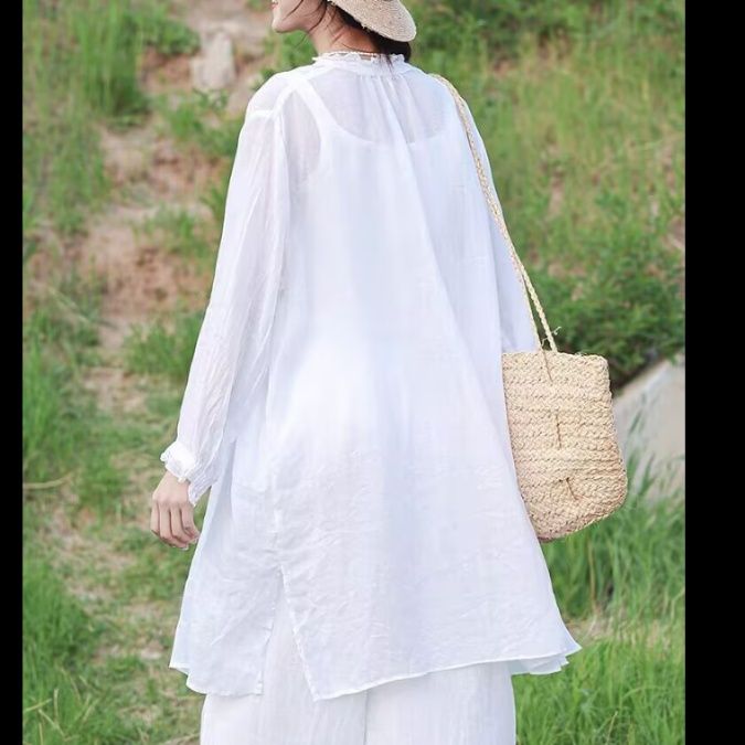 白ブラウス 優雅なフリルネックロングブラウス