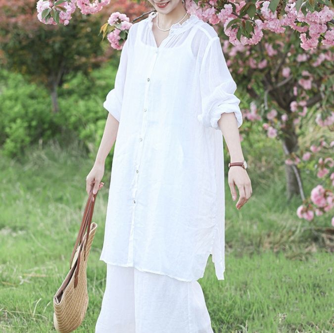 白ブラウス 優雅なフリルネックロングブラウス
