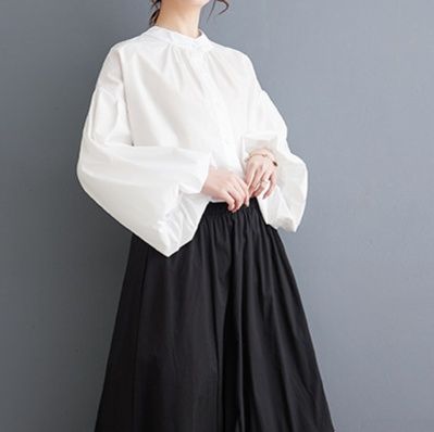 白ブラウス 優雅ボリュームスリーブスタンドカラーシャツ