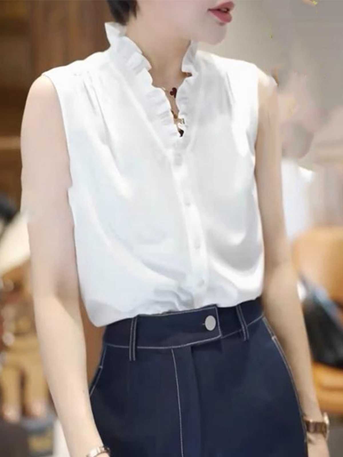 白ブラウス 優美フリル襟ノースリーブブラウス