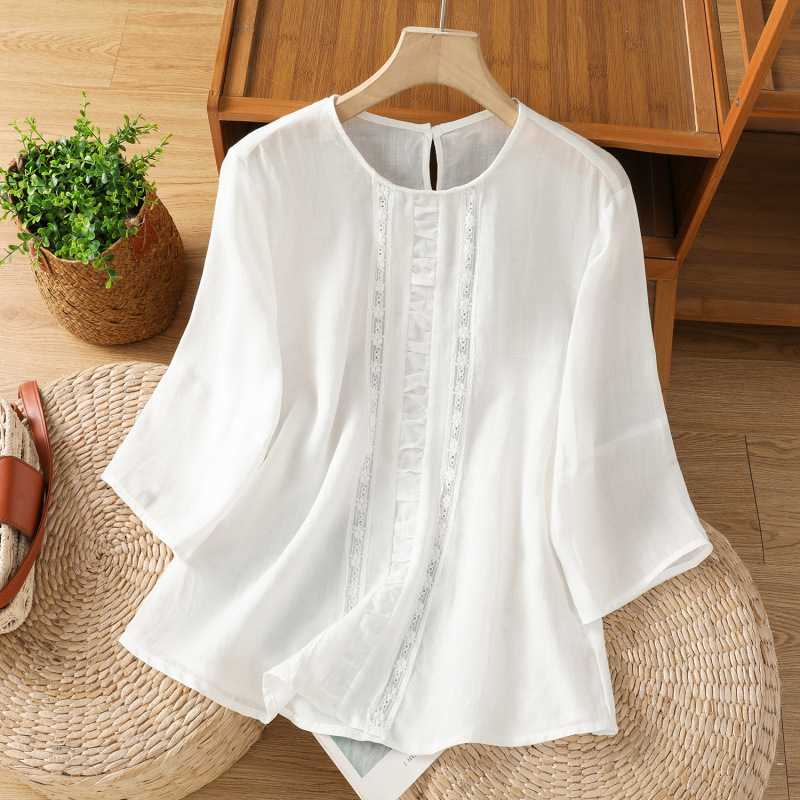 白ブラウス 優美レース装飾フリル七分袖ブラウス