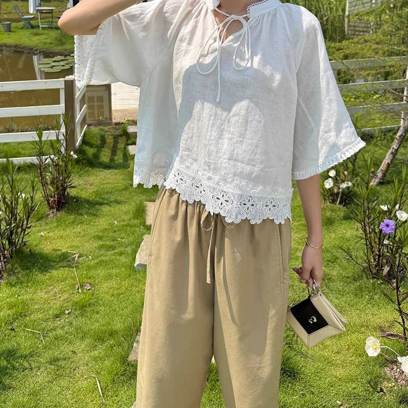 白ブラウス 優美な花レース 紐リボンブラウス