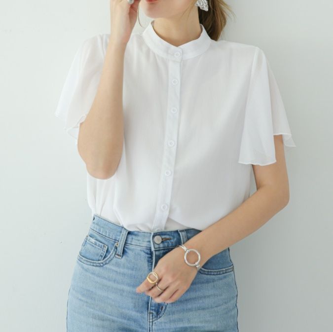 白ブラウス 優美フレア袖スタンドカラーブラウス