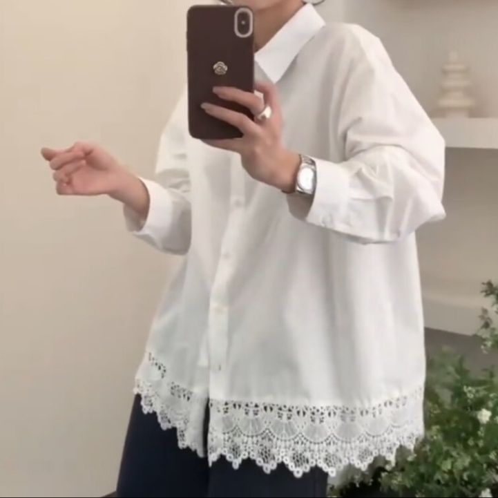 白ブラウス 裾レース飾りゆったりブラウス