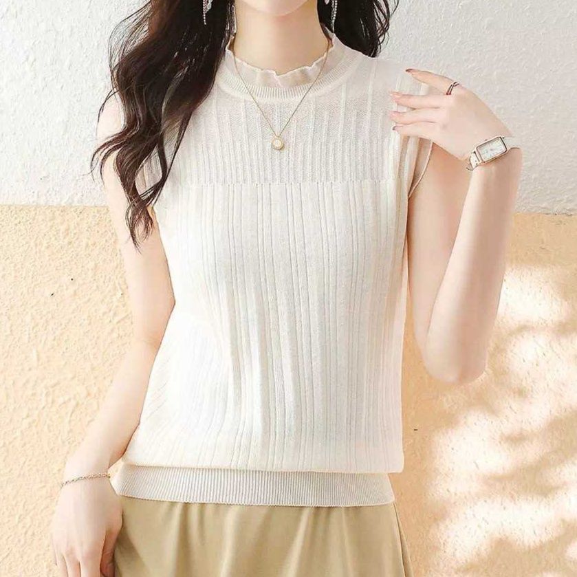 白ブラウス フリルネック縦縞ニットノースリーブ