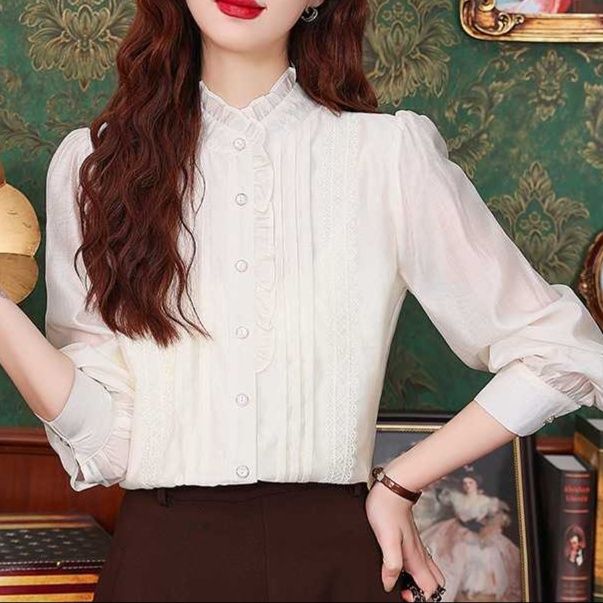 白ブラウス レース装飾フリル襟ブラウス