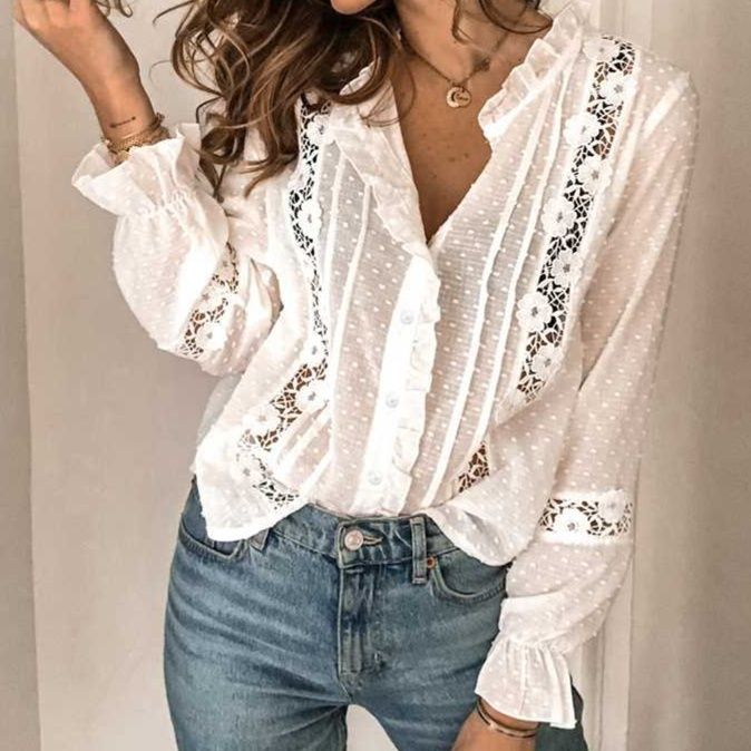 白ブラウス 花レース装飾ピンタックブラウス