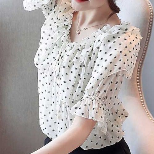 白ブラウス 星柄フリルリボンブラウス
