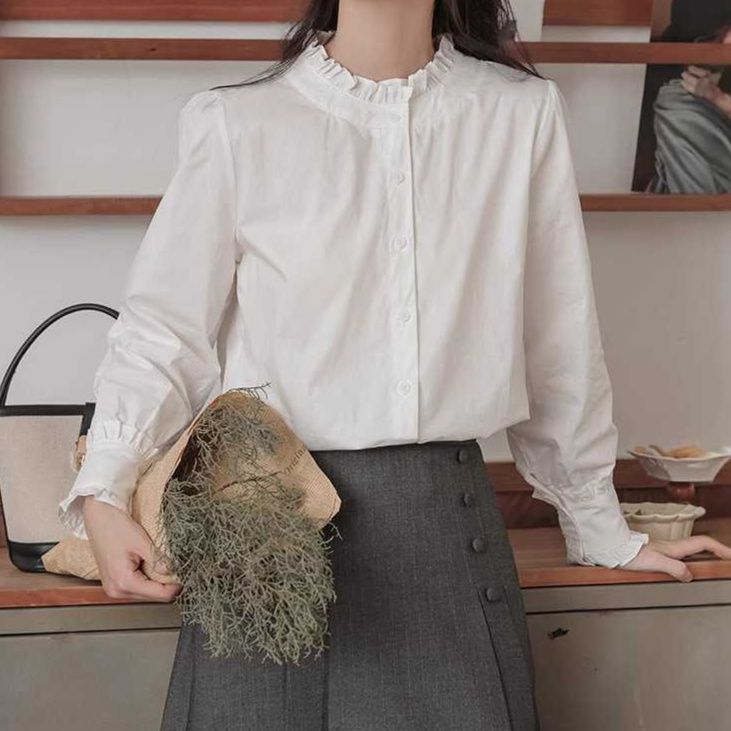 白ブラウス フリルネック優美シャツブラウス