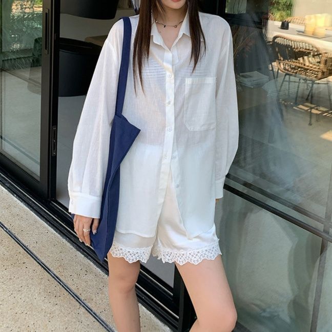 白ブラウス すっきり着こなすロングブラウス