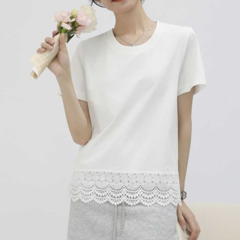 白ブラウス レース裾シフォン半袖ブラウス