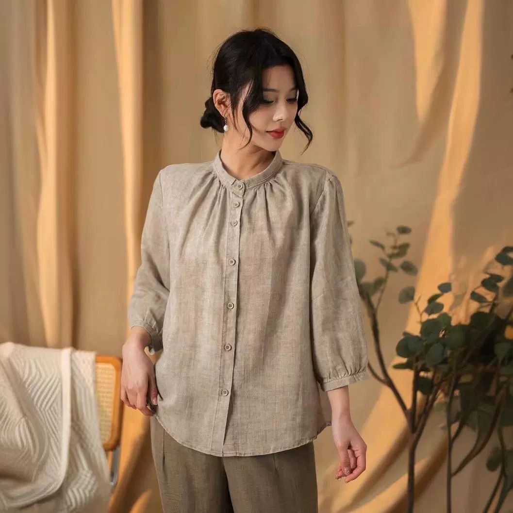 白ブラウス 丸襟ギャザー七分袖コットンリネンシャツ