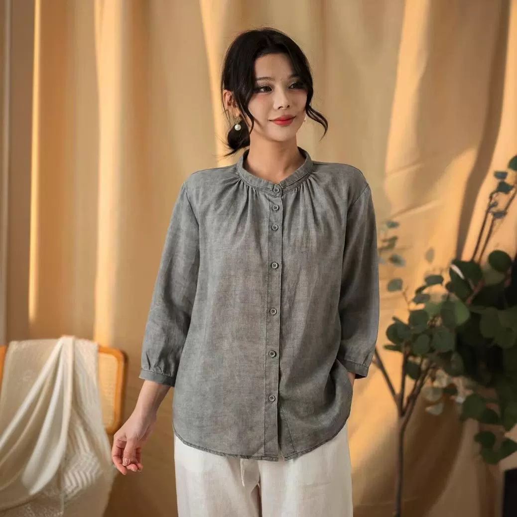 白ブラウス 丸襟ギャザー七分袖コットンリネンシャツ