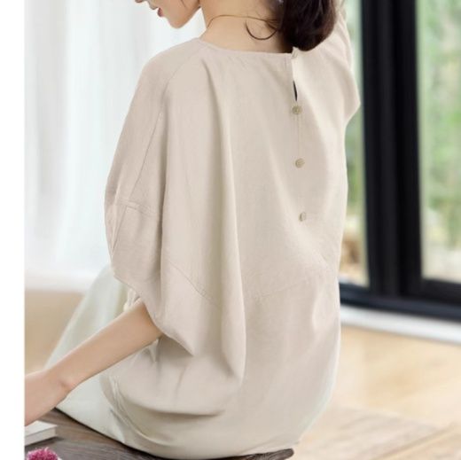 白ブラウス 綿麻チュニックブラウス七分袖ゆったり薄手レディース