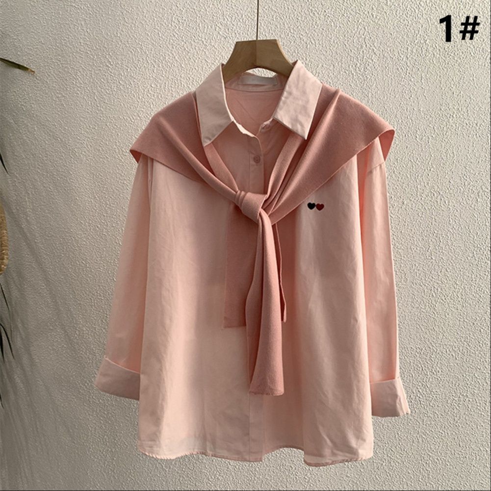 白ブラウス 長袖シャツ＋ショール風二点セット女性春秋トップス