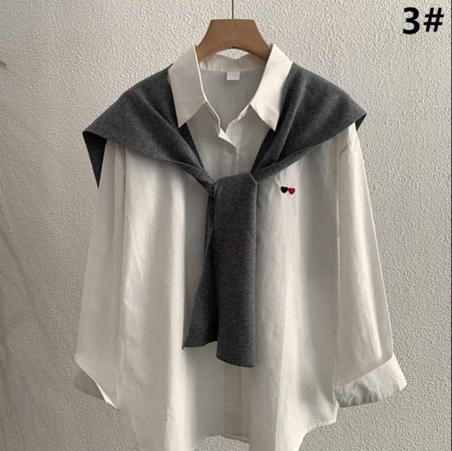 白ブラウス 長袖シャツ＋ショール風二点セット女性春秋トップス