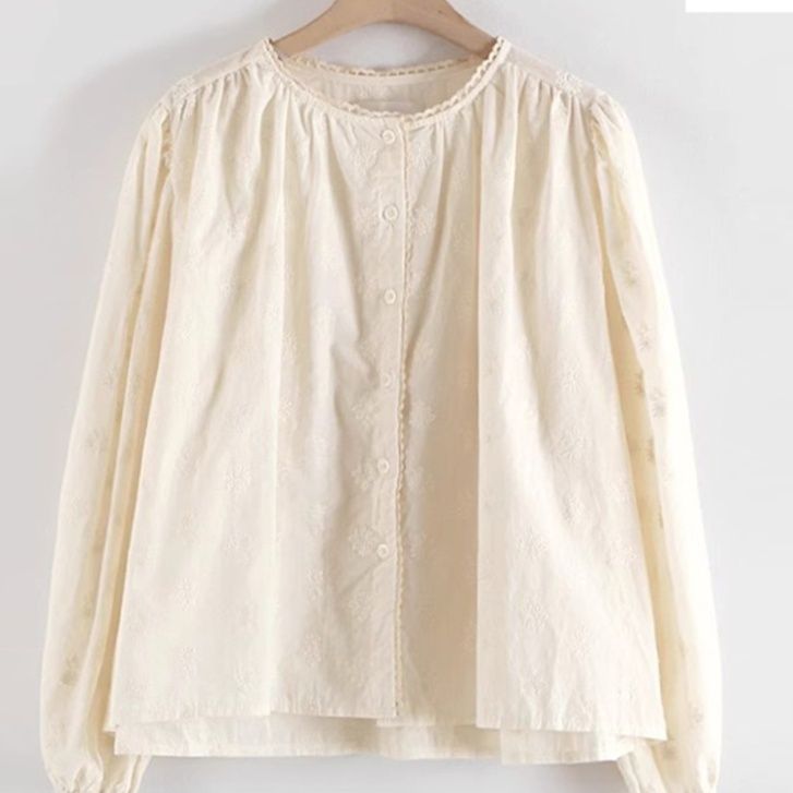 白ブラウス 刺繍入り長袖白シャツ 体型カバー丸首レディース