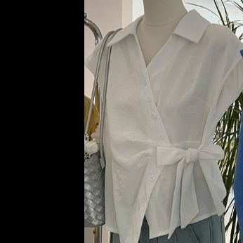 白ブラウス レディース半袖シャツ ウエストリボン付きおしゃれブラウス 5色展開