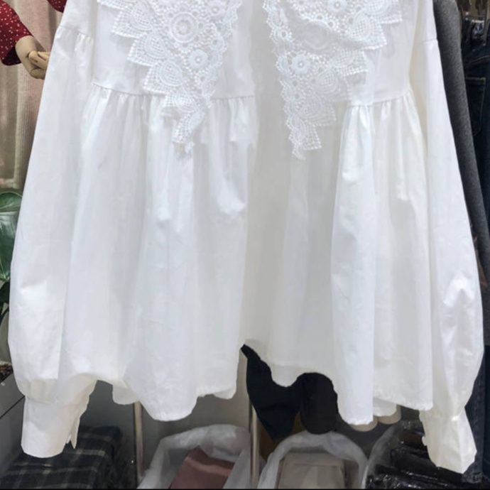 白ブラウス レース刺繍長袖ブラウス 体型カバー 大人可愛い 韓国風 レディース